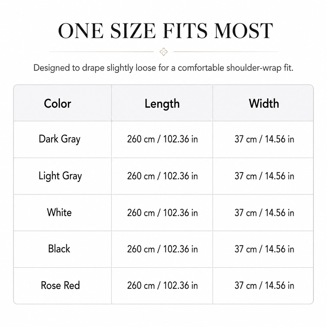 Solenne Knit Scarf size chart
