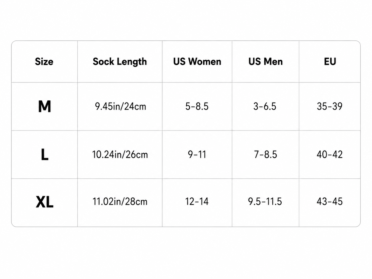Everest Fleece-Lined Socks size chart