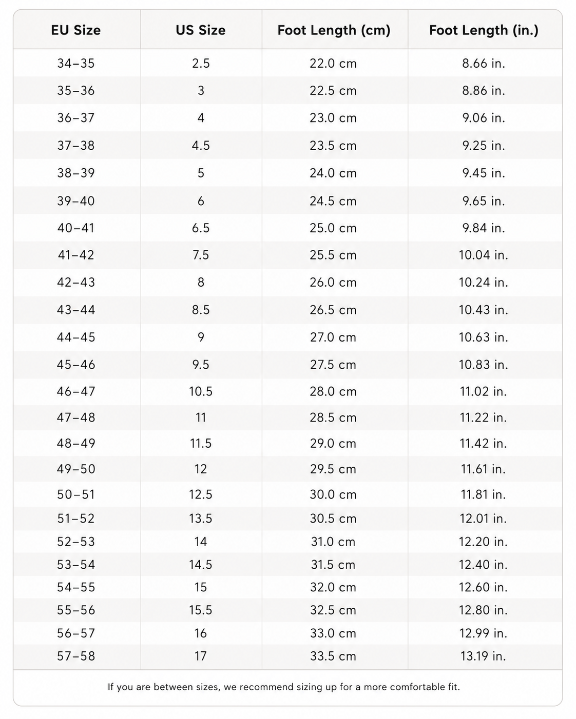 Velden Winter Shoes size chart