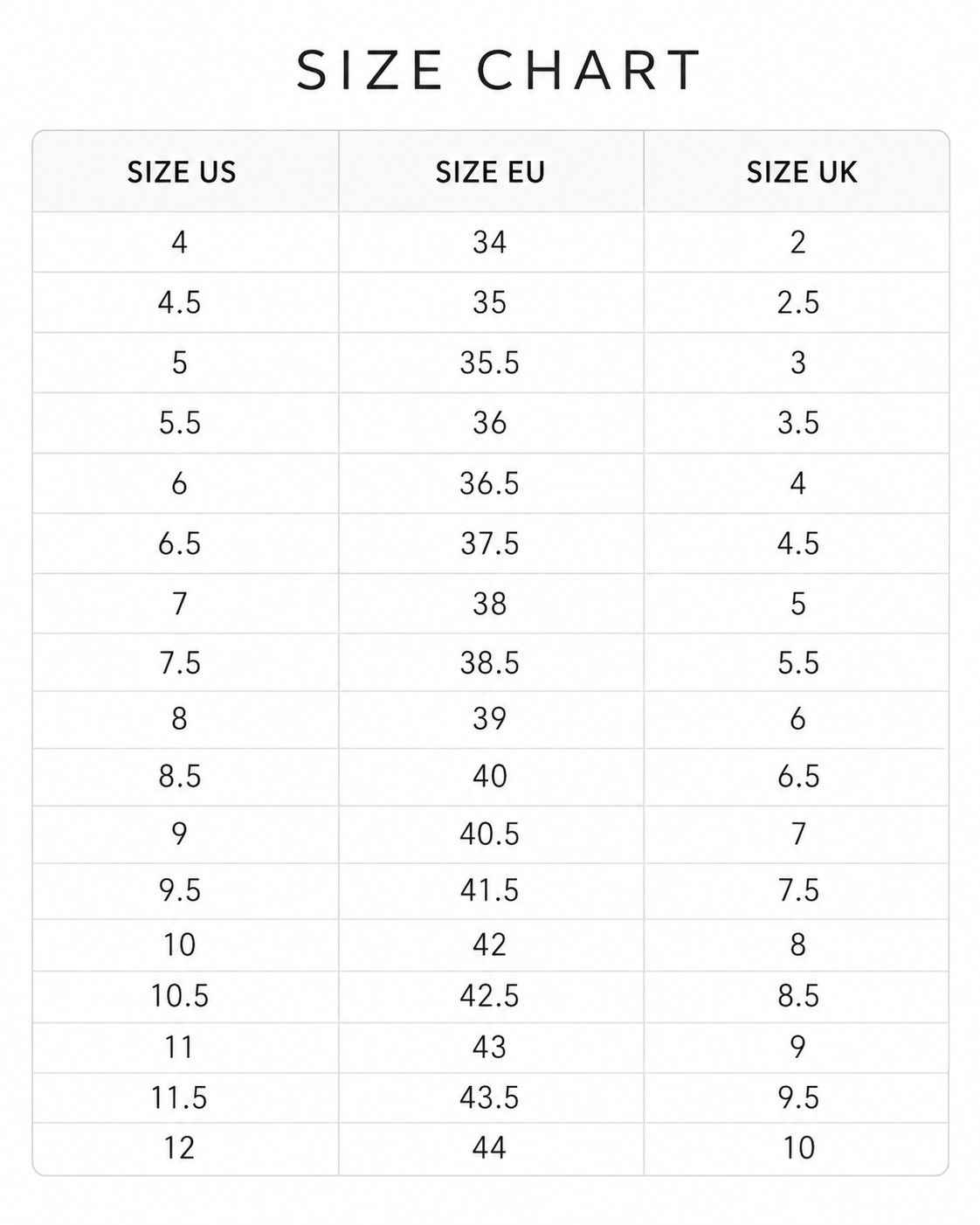 Lovelle Cloud Slides size chart